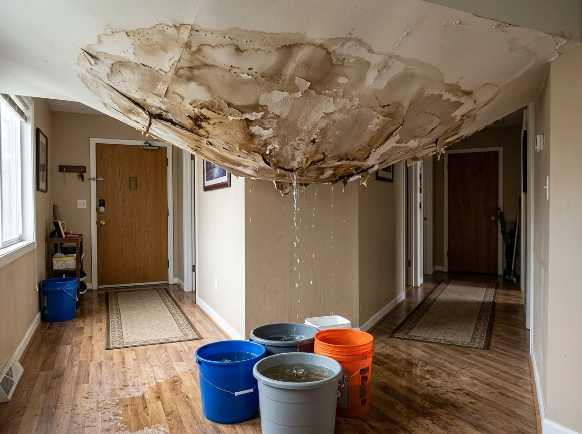 Burst pipe in ceiling causing drywall bulge and water damage