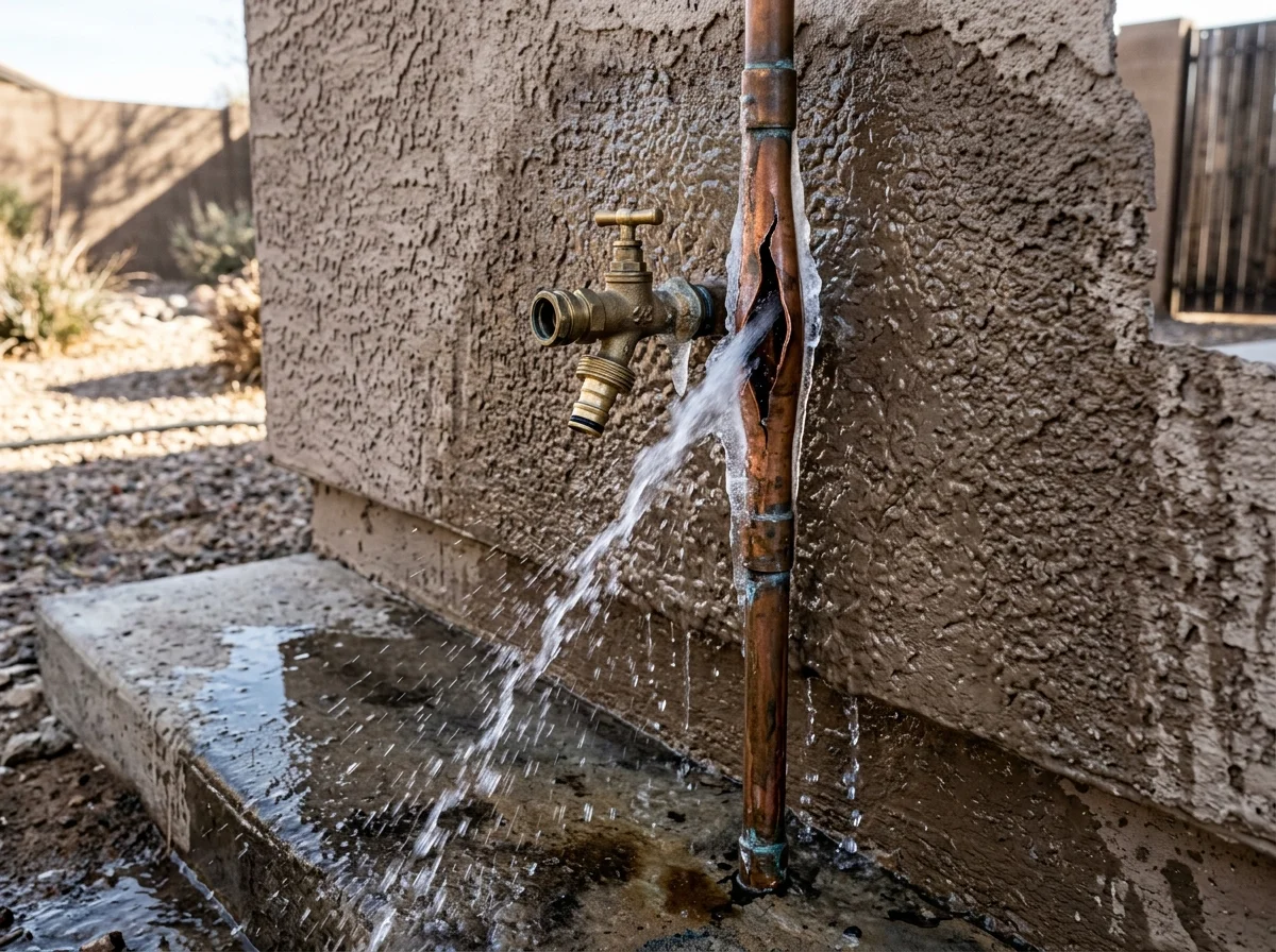 Frozen and burst copper pipe on Arizona home exterior wall