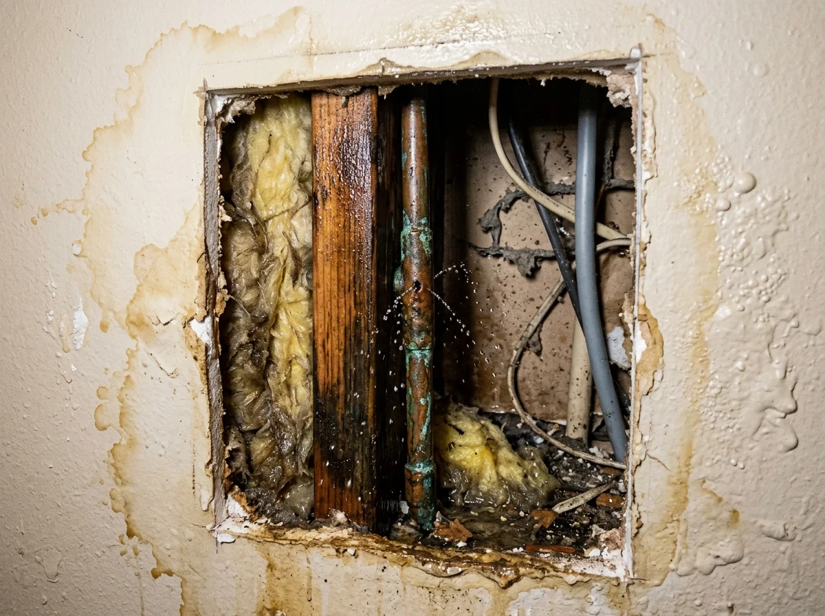 Broken water pipe inside wall cavity with copper pinhole leak