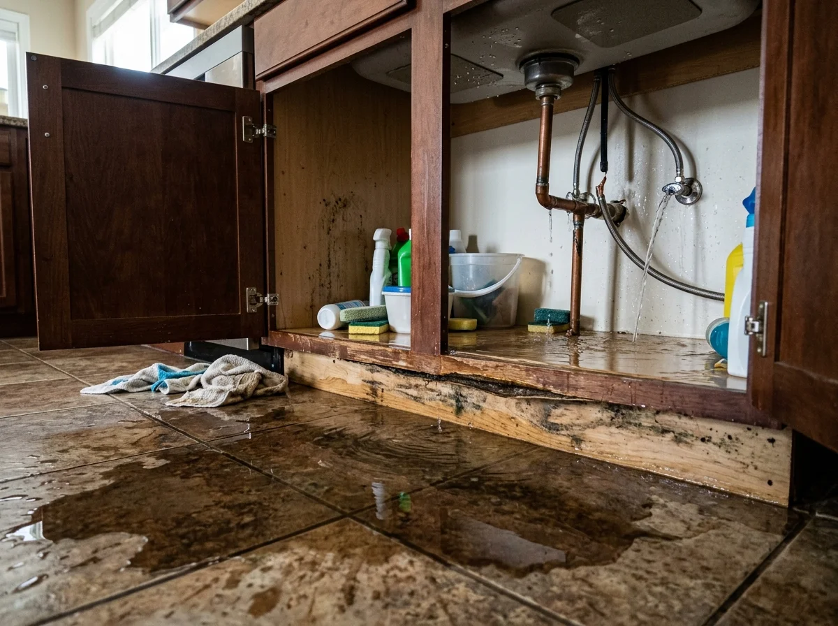 Plumbing leak under kitchen sink cabinet with standing water