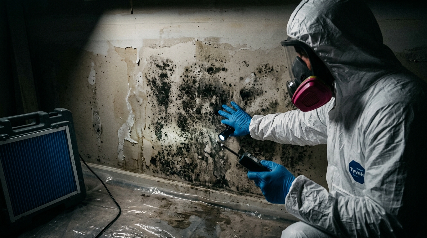 Professional mold remediation technician inspecting mold damage in Mesa, AZ