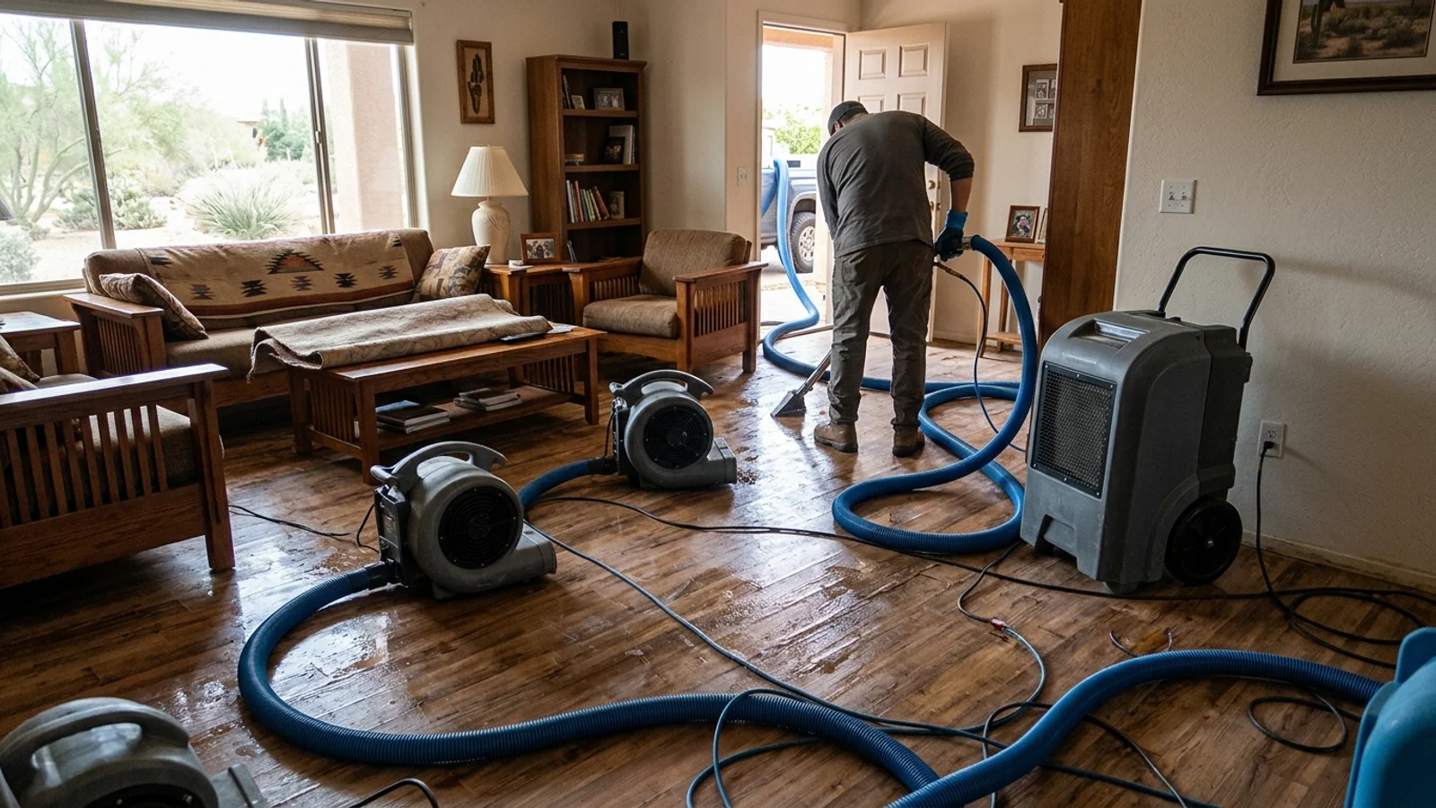 Commercial water extraction equipment and drying air movers in Mesa home