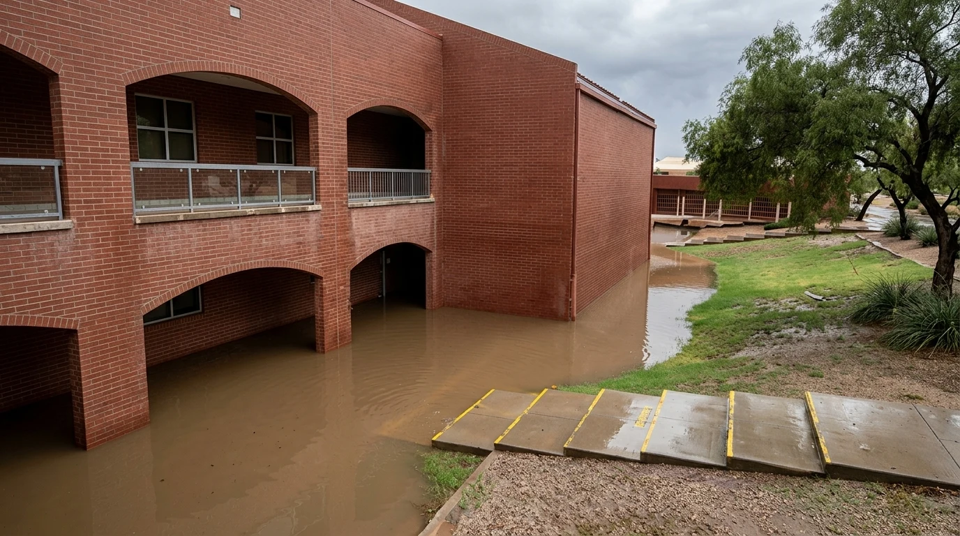 Severe stormwater runoff submerging exterior walkways and ground-floor entrances at Red Mountain High School in East Mesa