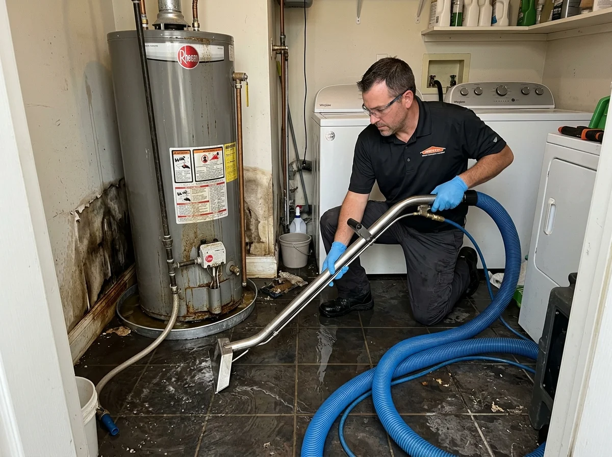 Water extraction from leaking water heater in Mesa utility room