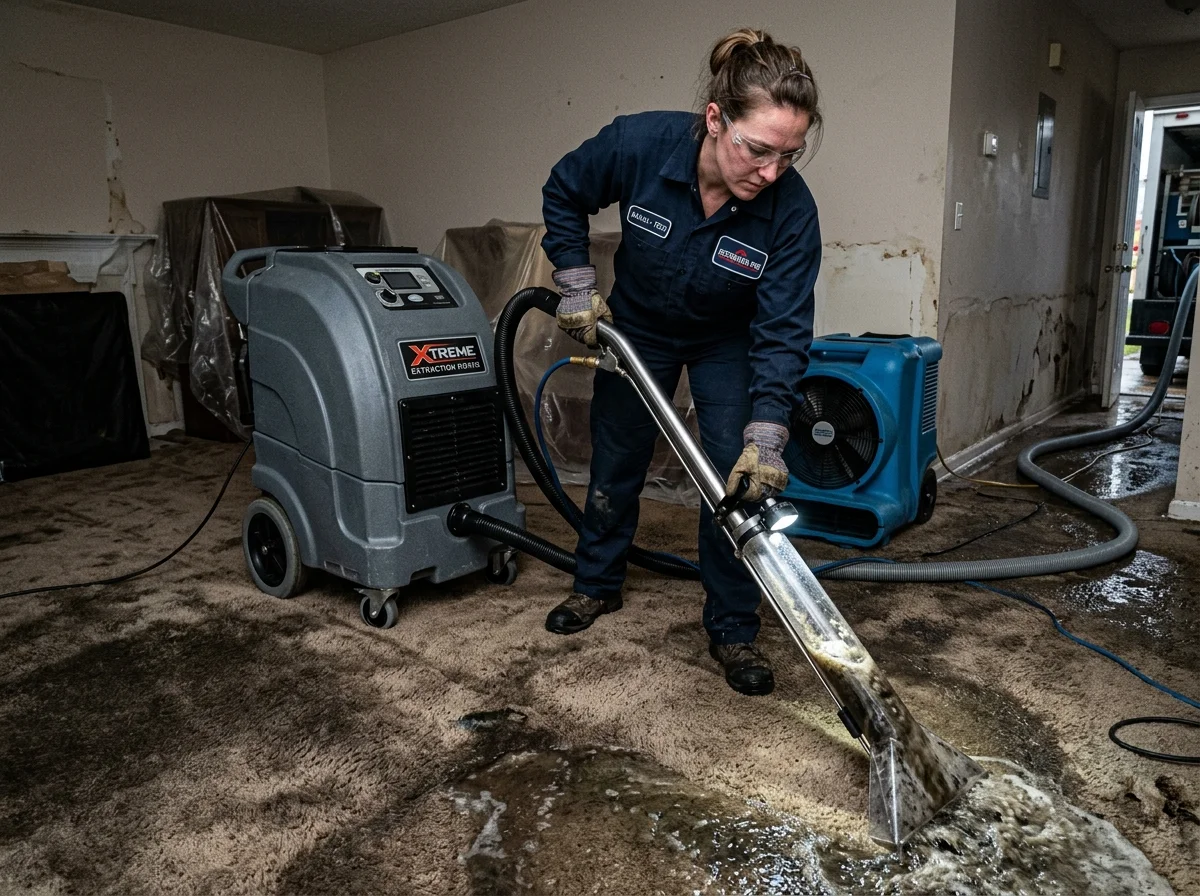 Weighted carpet water extraction machine pulling water from pad