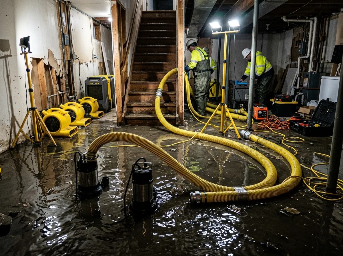 Flooded basement water pumping with submersible pumps in Mesa AZ